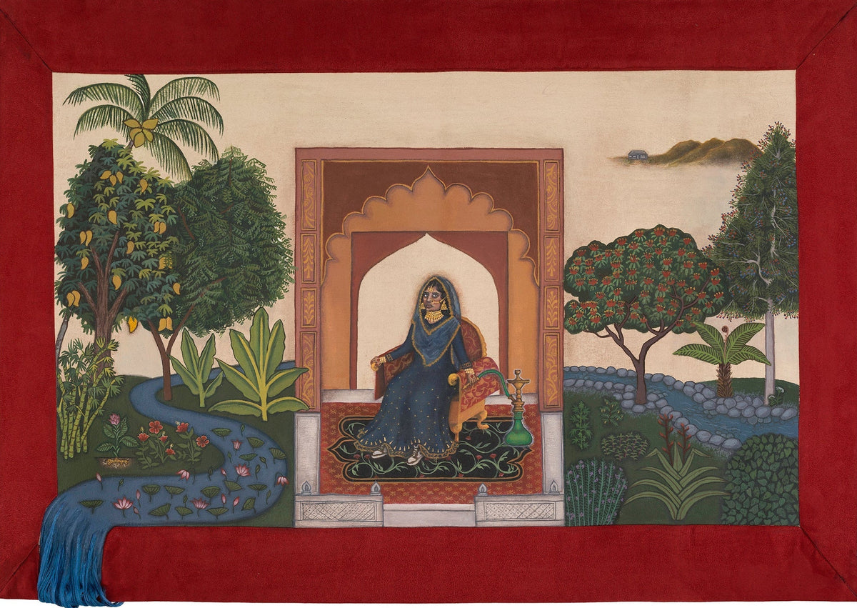 Decorative panel with a seated figure in a garden setting, framed by a brown border.